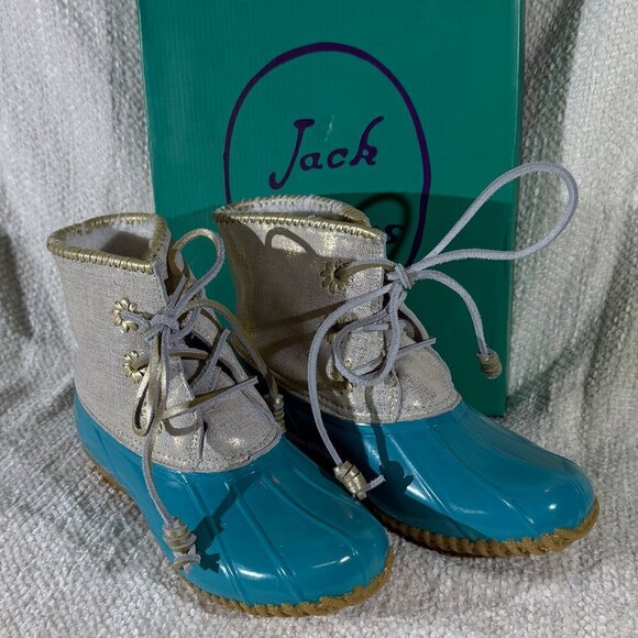 Jack Rogers Chloe Duck Boots 9M Caribbean Blue/Gold NIB Rare 2017 - Picture 2 of 7